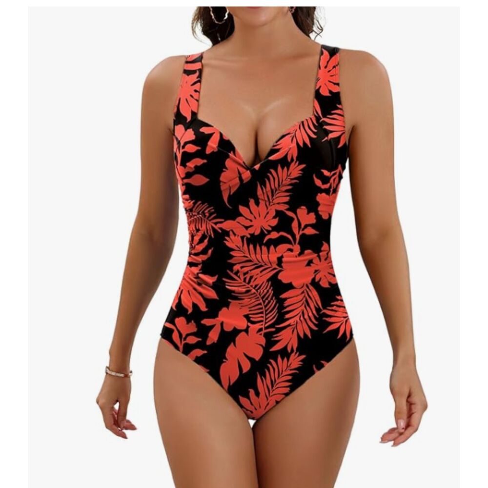 NEW Eomenie Red Black Floral One Piece Swimsuit Adjustable Straps Size L